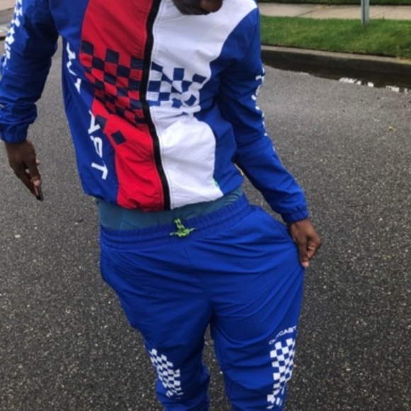 M. Society men's blue red & white Full Zip hooded racers Jacket size small - Picture 1 of 12